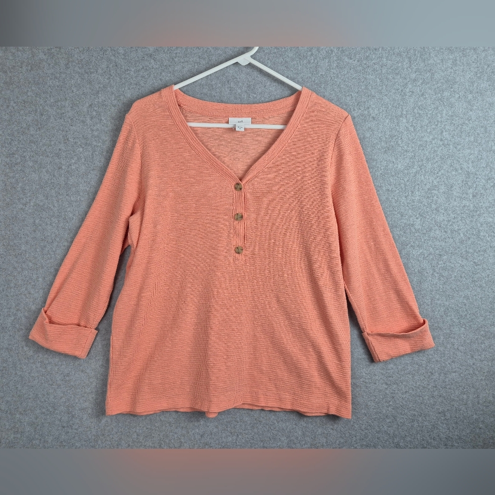 J. Jill textured cotton rolled-cuff henley top women's blouse shirt Coral M